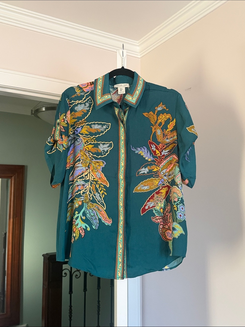 Rachel Zoe Teal Multicolor Floral Print Button-Down Shirt short sleeve size M